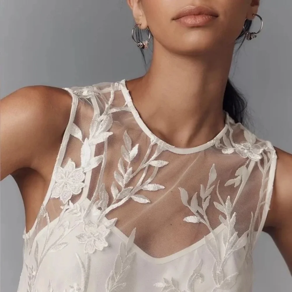 NWT ANTHROPOLOGIE Flat White Sheer Embroidered Mini Dress NWT Size M - Picture 7 of 11